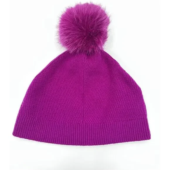 L.K. Bennett London Wool Cashmere Beanie Hat Purple Fur Pom One Size - Picture 3 of 5